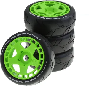 1/8 RC Rally Racing Tires and Hard Plastic Drift Wheels 17mm Hex On Road Tyres Compatible with 1:10 Scale Touring Street Car HSP Hobao HPI WR8 ARRMA Redcat Losi Kyosho VRX Tamiya 4PCS (Green)