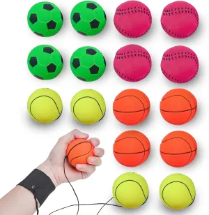4/8/16 Pack 2.36 Inch Wrist Return Ball Wristband Ball Rubber Rebound Bouncy Sport Ball (Basketball, Baseball, Soccer,Tennis) on Elastic String Wrist Exercise or Play,Gift Toy for Kids Teens Adults