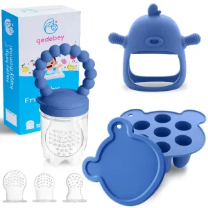 Baby Fruit Feeder Pacifier - 3 Pack | 1 Baby Food Feeder & 1 Baby Teether & 1 Baby Popsicle Molds | Breastmilk Popsicle molds | Teething Toys | Mesh Baby Feeder | Baby Feeding Set | Bebes (Steel Blue)