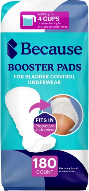 Because Premium Incontinence Booster Pads for Men and Women, Adds Extra Absorbency to Adult Diapers, Super Soft, Adhesive Strip Backing, Unisex, 180 Count (9 Packs of 20)