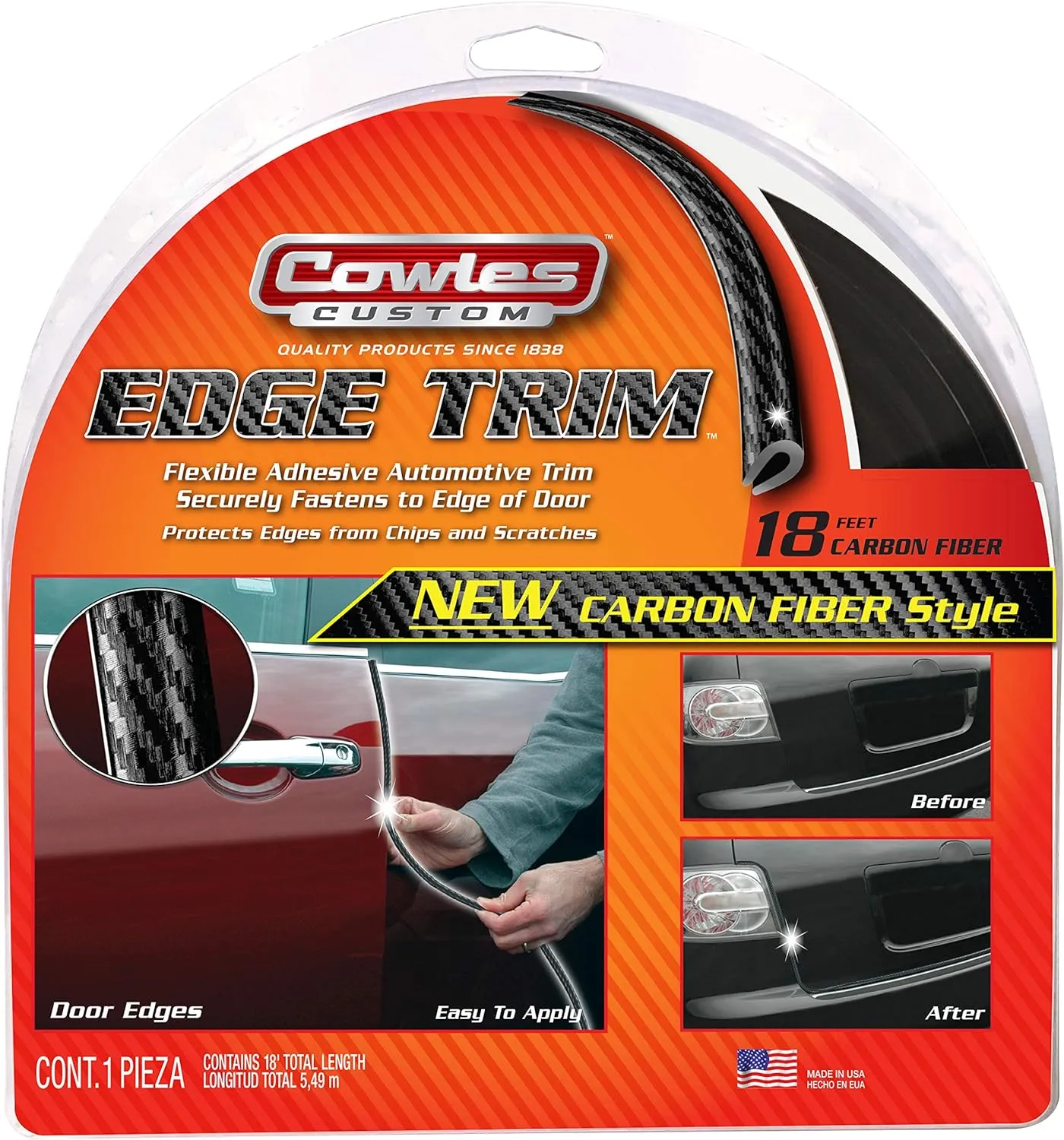 Cowles Custom, Carbon Fiber Style Edge Trim Protects and Enhances, Cars, Trucks, Boats, & RVs - 18 ft of Flexible U-Channel Trim, Easy to Install Car Door Edge Protection. Made in The USA