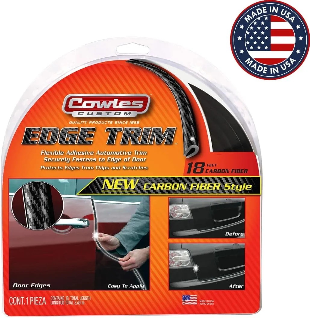 Cowles Custom, Carbon Fiber Style Edge Trim Protects and Enhances, Cars, Trucks, Boats, & RVs - 18 ft of Flexible U-Channel Trim, Easy to Install Car Door Edge Protection. Made in The USA