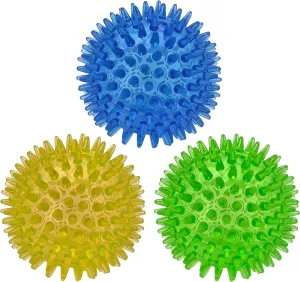 Cutie's PetBox Squeaky Rubber Spike Toy Ball for Small Dogs, 3-Colors Blue Green Yellow (2.5 Inch, Multi-Pack)