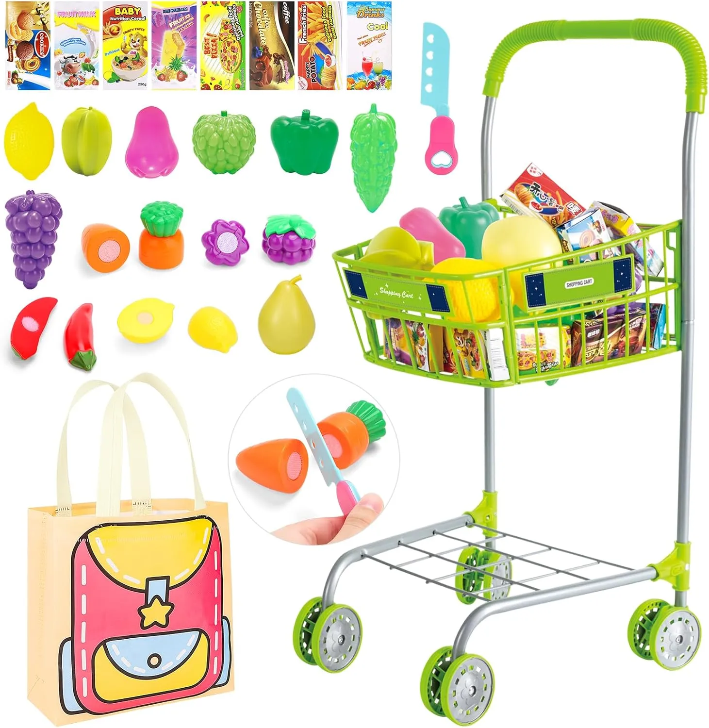 deAO Toy Shopping Cart with Food,Trolley Play Set with Pretend Fruits Vegetables and Accessorie,Grocery Shopping Cart with Bag Pretend Play and Role Play Kitchen Toys for Kids 3 