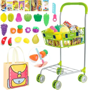 deAO Toy Shopping Cart with Food,Trolley Play Set with Pretend Fruits Vegetables and Accessorie,Grocery Shopping Cart with Bag Pretend Play and Role Play Kitchen Toys for Kids 3 