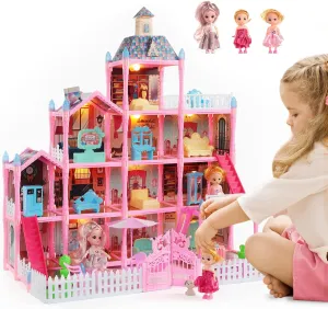 Doll House for Girls with Lights, 3 Dolls, 4 Floors -13 Rooms, 7 Sets of Furniture and Accessories, Design and Build Gift for 3 4 5 6 7 8  Year Old Girls