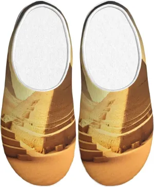 Egyptian Pyramid in Desert print Winter Home Warm Slippers, Plush Soft Bottom Slippers, Womens Indoor Scuff Slippers