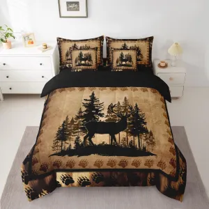 Feelyou Cute Deer Comforter Set with Sheets 7 Piece Full Size for Girls Boys Kids Deer Hunting Bed in a Bag Room Decorative Bear Paw Print Tree Pattern Bedding Set Exotic Style Brown Bed Set