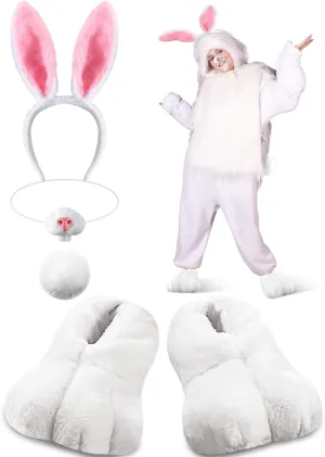 Giegxin 5 Pcs Adult Easter Bunny Costume White Rabbit Costume Bunny Shoes Rabbit Feet Ear Headband Nose Tail