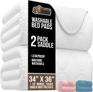 GORILLA GRIP Washable Toddler Mattress Incontinence Pads, Waterproof Bed Underpads, Absorbent Leak Proof, 34x36 19in Wings, 2 Pack Slip Resistant Pad Absorbs 8 Cups for Bedwetting Adults Kids, White
