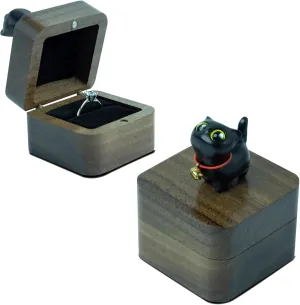 Hand-Carved Cat Wooden Ring Box - Magnetic Closure Wedding & Engagement Jewelry Gift Box ﻿(Black Cat)