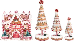 KPCB Prelit Gingerbread House Decorations 8.7" & Set of 3 Gingerbread Tree Figurines Decor with Colorful Peppermint Candies, Holiday Winter Decor for Party Centerpiece, Mantel, Room Table, Kitchen