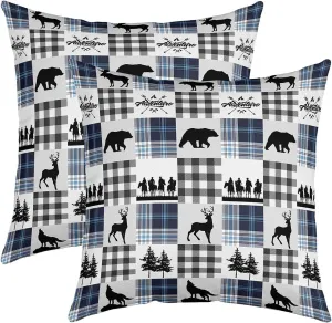 Manfei Bear Plaids Decorative Throw Pillow Cover Farmhouse Animals Hunting Pillow Cover for Car Sofa Southwestern Cowboy Lattice Blue Home Decor Cushion Case Pillowcase 22x22,Pack of 2