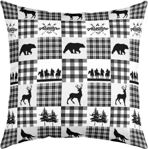 Manfei Elk Antler Pillow Cover 16x16 Inch,Southwestern Cowboy Bear Wolf Cushion Case for Office Bedroom Gray White Lattice Check Square Pillow Case for Sofa Couch Double Sides Print