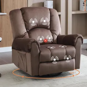Manual Rocking Swivel Recliner with Massage and Heat, Oversized Soft Short Plush 360° Swivel Rocker Recliners with Side Pockets, Overstuffed Heavy Duty Reclining Sofa Chair for Living Room