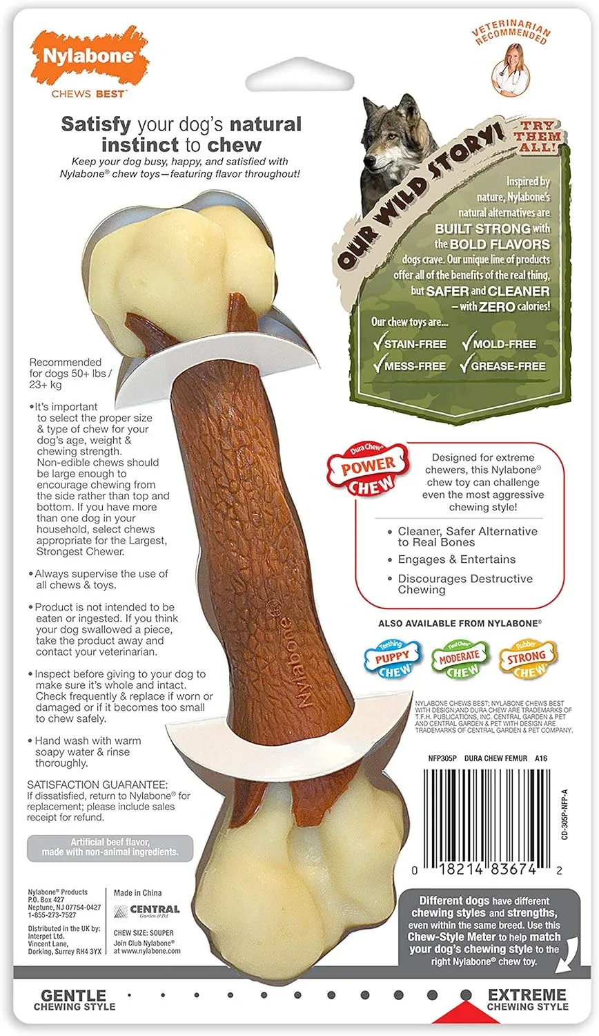 Nylabone Femur Bone Alternative Power Chew Toy for Dogs, Dog Toys for Aggressive Chewers, Beef Flavor, Large - Up to 50 lbs, 1 Count