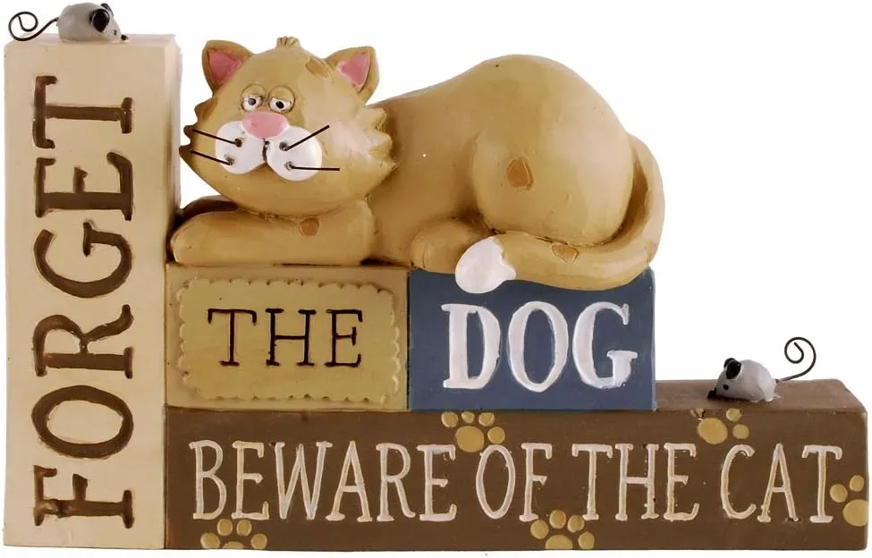 Orange Tabby Cat Forget Dog, Beware of The Cat! Resin Stacked Block Figurine