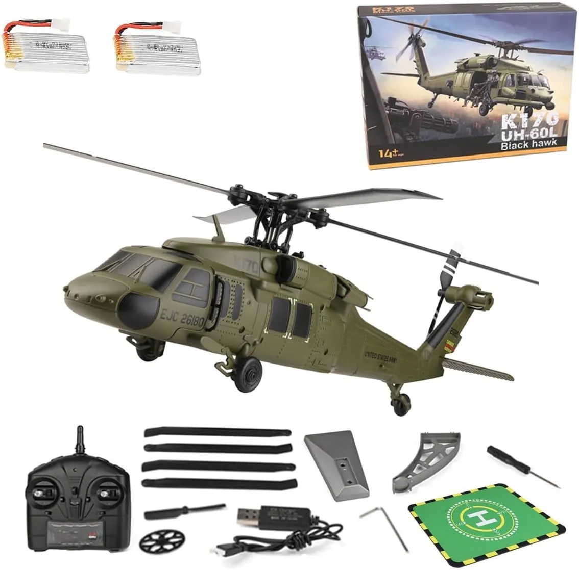 RC Helicopter Model, Wltoys K170 Black Hawk UH-60L 170 Size 4CH Flybarless Helicopter with Adjustable Left and Right Hand Throttle (RTF Version)