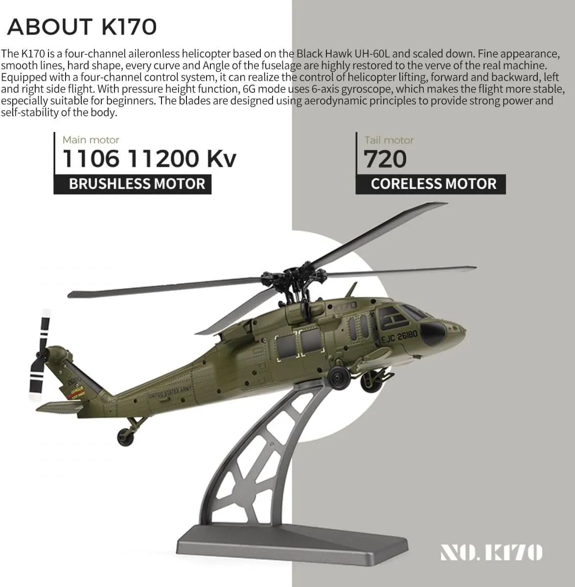 RC Helicopter Model, Wltoys K170 Black Hawk UH-60L 170 Size 4CH Flybarless Helicopter with Adjustable Left and Right Hand Throttle (RTF Version)