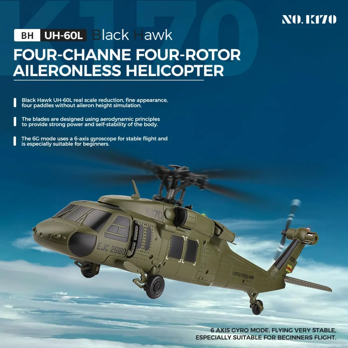 RC Helicopter Model, Wltoys K170 Black Hawk UH-60L 170 Size 4CH Flybarless Helicopter with Adjustable Left and Right Hand Throttle (RTF Version)