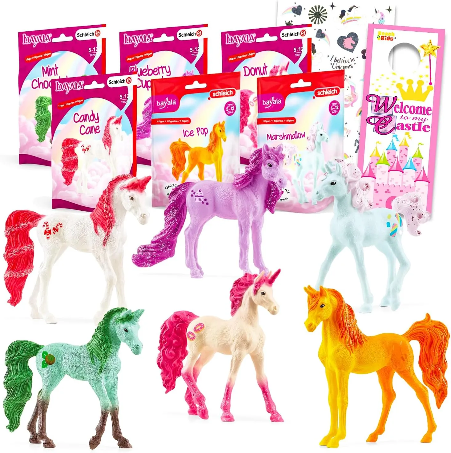 Schleich Unicorn Toy Set for Girls - Bundle With 6 Figurines Featuring Candy, Sweet Treats, Dessert, More Plus Tattoos | Bulk Figure Playset for Kids