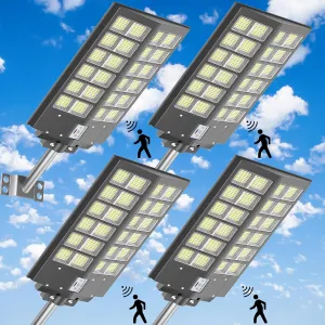 Solar Street Light Dusk to Dawn 6000W, 600000LM, 7000K Brightness, IP67 Waterproof, Motion Sensor, Lights Outdoor Street Light for Security and Safety (6000W-4Pack)