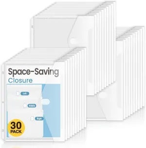 Sooez 30 Pack Binder Folders with Space-Saving Closure, Super Heavyweight Binder Pockets for 3 Ring Binder, High Capacity Clear Binder Pouch, Side Loading, 3 Ring Folders with Pockets, Letter Size