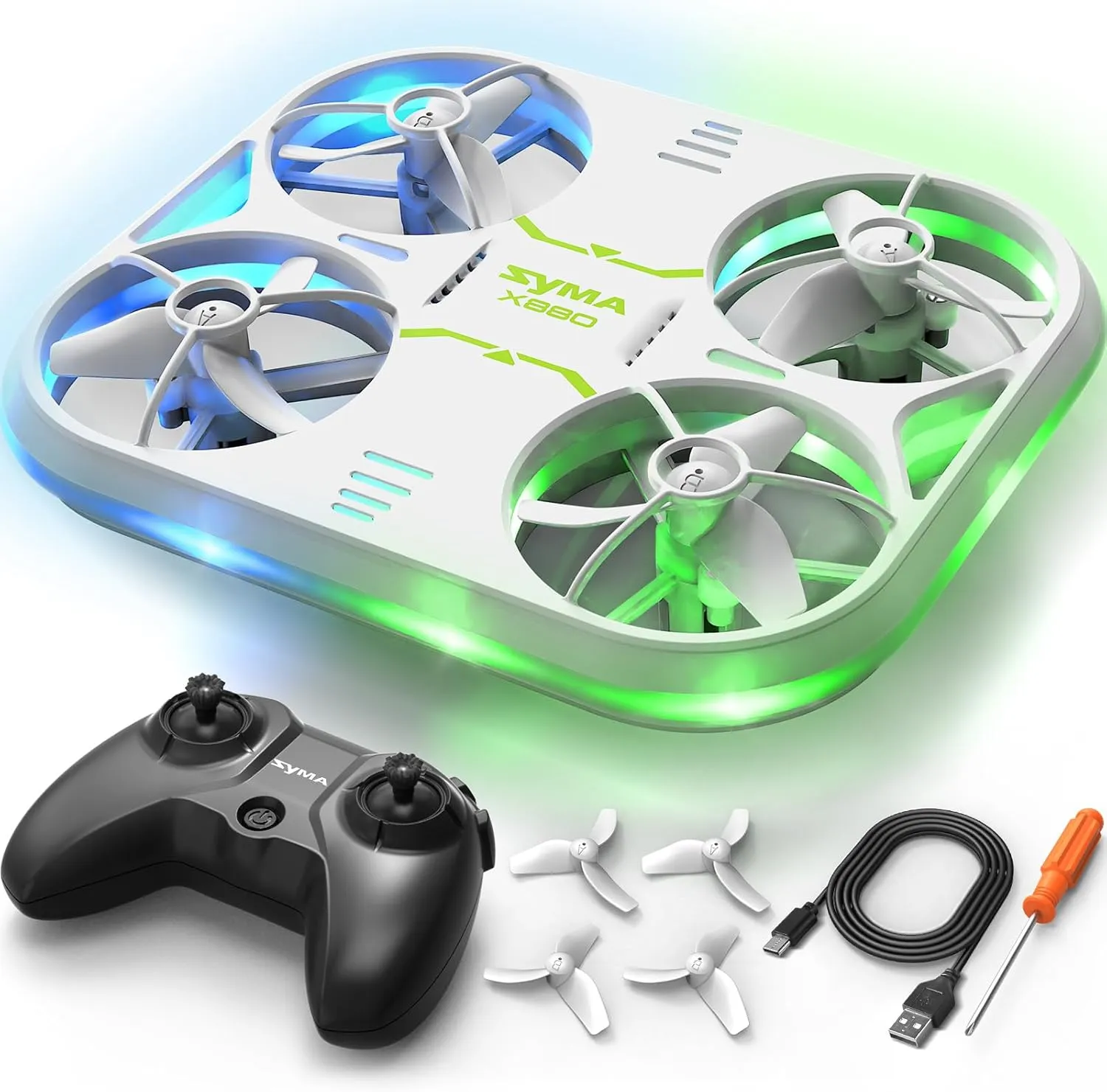 SYMA Kids Drone with LED Lights - X880 Indoor Drone with Altitude Hold, Easy to Fly Quadcopter with Full Protection, 360° Flips RC Helicopter UFO Gift for Adults Beginners