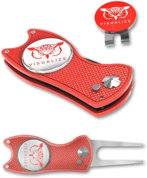 VISUALIZE Elite Switchblade Golf Divot Repair Tool Set with Ball Marker - Sturdy Anodized Aluminum - Perfect Golf Accessory Gift