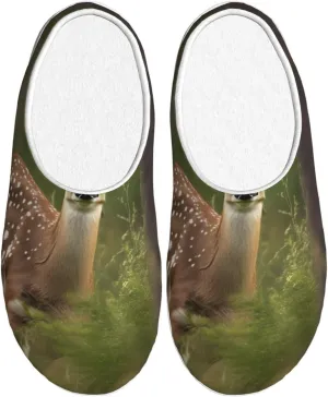 Whitetail Deer Fawn in Wilderness Stag print Winter Home Warm Slippers, Plush Soft Bottom Slippers, Womens Indoor Scuff Slippers